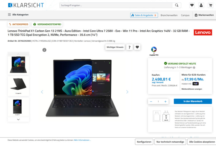 Lenovo ThinkPad X1 Carbon G13 21NS004UGE für 2.498,81 Euro.