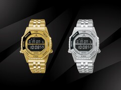 Die Modelle Seiko Rotocall HFL003P in Gold und HFL002P aus Edelstahl, nebeneinander vor schwarzem Hintergrund präsentiert, verfügen jeweils über ein invertiertes LCD-Display, eine Drehlünette zur Funktionsauswahl sowie ein integriertes Edelstahlarmband