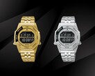 Die Modelle Seiko Rotocall HFL003P in Gold und HFL002P aus Edelstahl, nebeneinander vor schwarzem Hintergrund präsentiert, verfügen jeweils über ein invertiertes LCD-Display, eine Drehlünette zur Funktionsauswahl sowie ein integriertes Edelstahlarmband