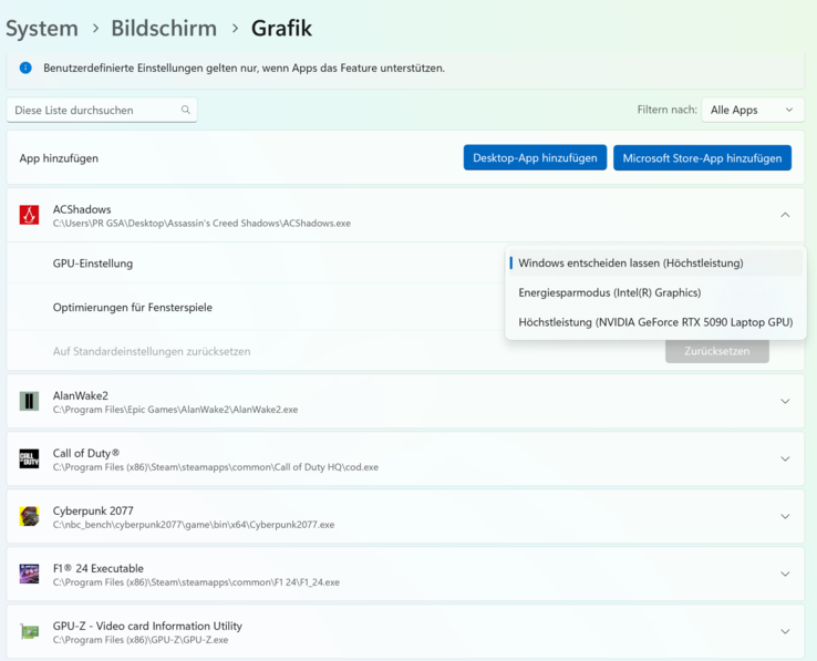 In den Grafik-Einstellungen von Windows lässt sich für alle Anwendungen festlegen, welche GPU genutzt werden soll.