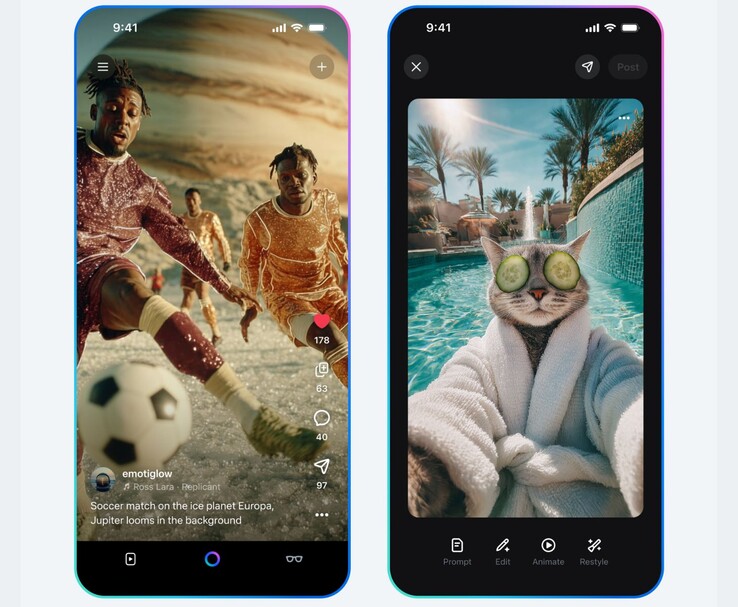 Im KI-Video-Feed Meta Vibes wird unter anderem ein KI-generiertes Fußballspiel auf dem Jupitermond Europa sowie ein Katzen-Selfie im Bademantel an einem Pool angezeigt. (Bildquelle: Meta)