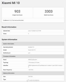 Geekbench Xiaomi Mi 10