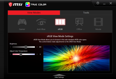 MSI True Color. Das sRGB-Profil ist nicht gänzlich zuverlässig und das Display nicht ab Werk kalibriert.