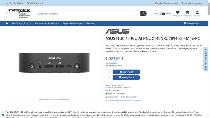 Asus NUC Pro 14 AI (90AS00N1-M00190) für 1.027,69 Euro.