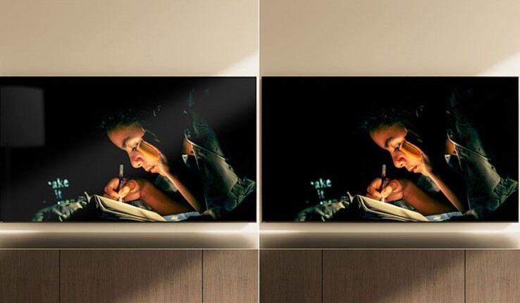 Vergleich der neuen Antireflexions- und Blendschutzfolie ‚Immersive Black Screen Pro‘ (rechts), die bei den Bravia 9 II 4K-Fernsehern zum Einsatz kommt.