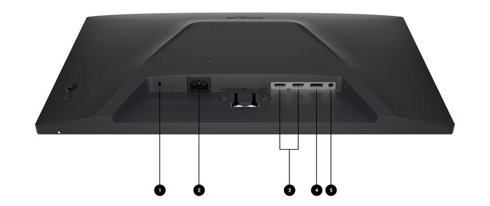 Die Anschlüsse der neuen Monitore sind relativ dezimiert: Netzanschluss (2), zweimal HDMI (3), Displayport 1.4 (4) und ein Audio-Kopfhörerausgang (5) (Bildquelle: Dell)