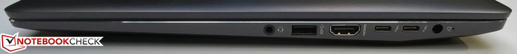 rechts: 3,5-mm-Audio, USB 3.0, HDMI 1.4, 2x Thunderbolt 3, Strom