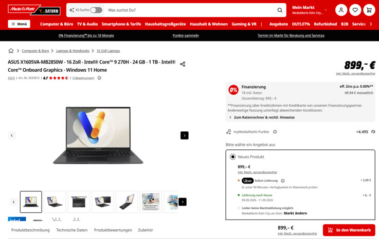 Asus VivoBook 16 X1605VA-MB2850W für 899 Euro.