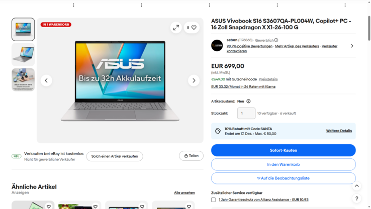 Ein Rabattcode senkt den Kaufpreis des VivoBook S16 S3607QA auf 649 Euro.