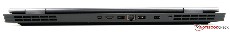 Hinten: Lüftungsschlitze, Mini DisplayPort 1.4a, HDMI 2.0, USB 3.1 Gen 2, RJ45, USB 3.1 Gen 1, Power-Connector, Security Keyhole, Lüftungsschlitze