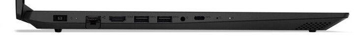 Linke Seite: Netzanschluss, Gigabit-Ethernet, HDMI, 2x USB 3.2 Gen 1 (Typ A), Audiokombo, USB 3.2 Gen 1 (Typ C)