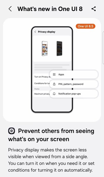 Mit dem One UI 8.5 Privacy Display Feature kann man Nachbarn die Sicht auf private Inhalte erschweren.