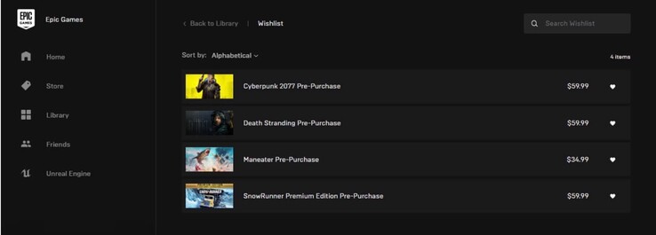 So sieht die Wunschliste im Epic Games Store aus.