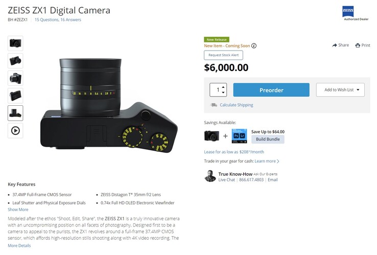 Ab sofort für 6.000 US-Dollar (ohne Steuern) in den USA vorbestellbar: Die Zeiss ZX1 Vollformat-Kamera mit Smartphone-Funktionen.