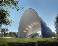 Solaranlage und Schattenspender: Rendering des "Arch of Time", einer Installation aus Solarzellen (Quelle: Land Art Generator, Rendering von Riccardo Mariano)