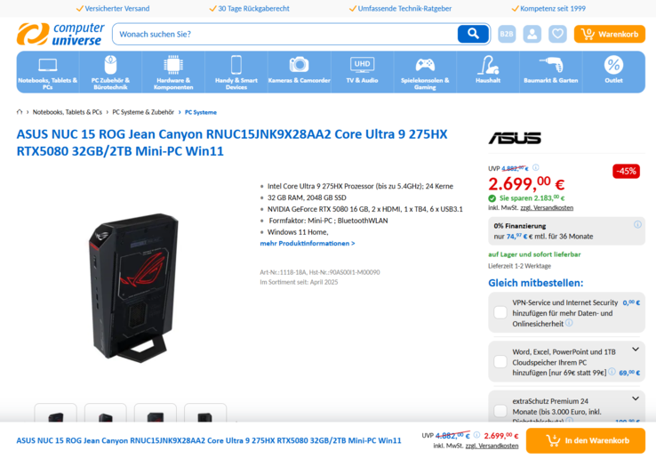 Asus ROG NUC 15 RNUC15JNK9X28AA2 (90AS00I1-M00090) für 2.699 Euro.