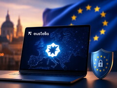 Ein Laptop mit europäischem KI-Anbieter Eustella darauf