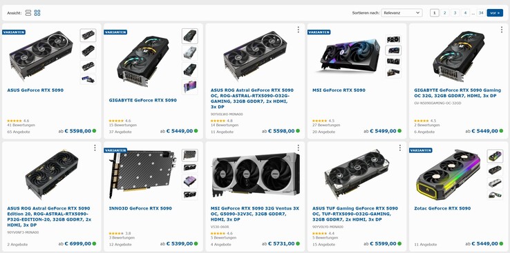 Aktuelle Preise der RTX 5090 auf Geizhals.de