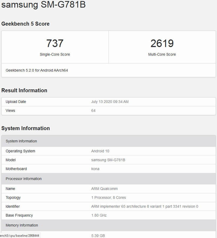 Dieser Geekbench-Eintrag zeigt die Ausstattung und Performance des Samsung Galaxy S20 Fan Edition. (Bild: Geekbench)
