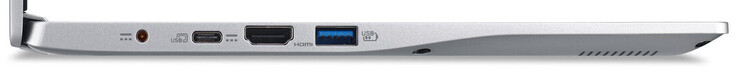 Linke Seite: Netzanschluss, USB 3.2 Gen 2 (Typ C; Displayport, Power Delivery), HDMI, USB 3.2 Gen 1 (Typ A)