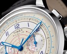 Nahaufnahme des cremefarbenen Zifferblatts des Timex Marlin Neo Classic Chronographen mit blauen Zeigern, arabischen Ziffern und Tachymeter- und Telemeterskalen