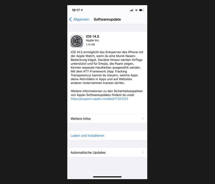 iOS 14.5 bringt nur wenige Neuerungen, einige davon sind aber durchaus spannend. (Screenshot: Notebookcheck)