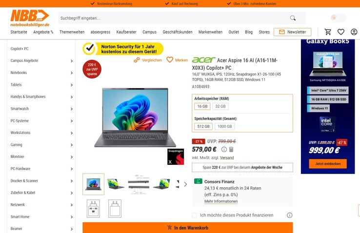 Acer Aspire 16 AI (A16-11M-X0X3) für 579 Euro.
