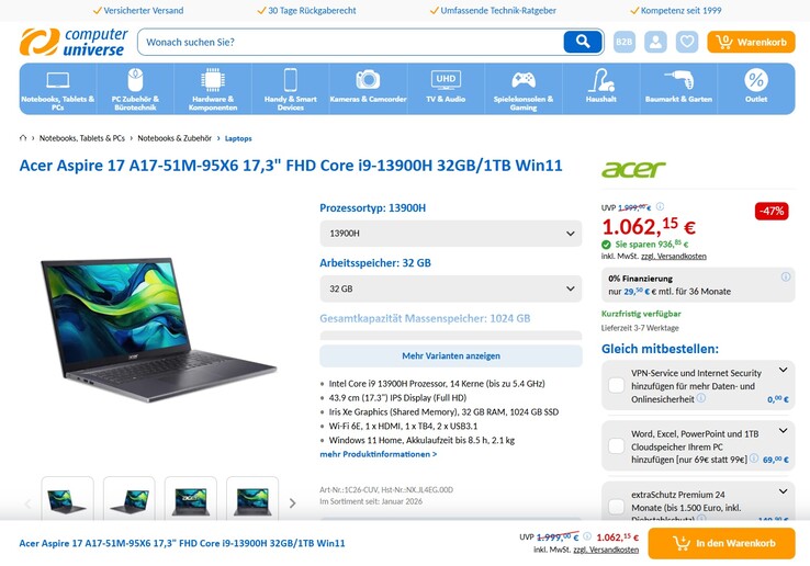 Acer Aspire 17 A17-51M-95X6 für 1.062,15 Euro.