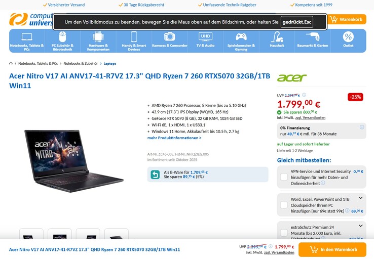 Acer Nitro V 17 AI ANV17-41-R7VZ für 1.799 Euro.