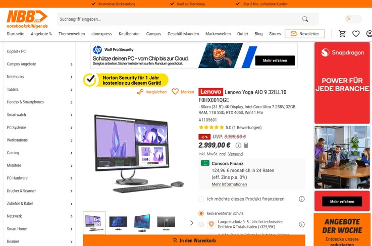 Lenovo Yoga AiO 32ILL10 F0HX001QGE für 2.999 Euro.
