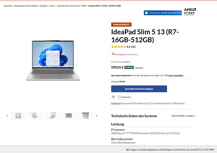 Lenovo IdeaPad Slim 5 13ARP10 (83J2001UGE) im Angebot für 599,01 Euro.