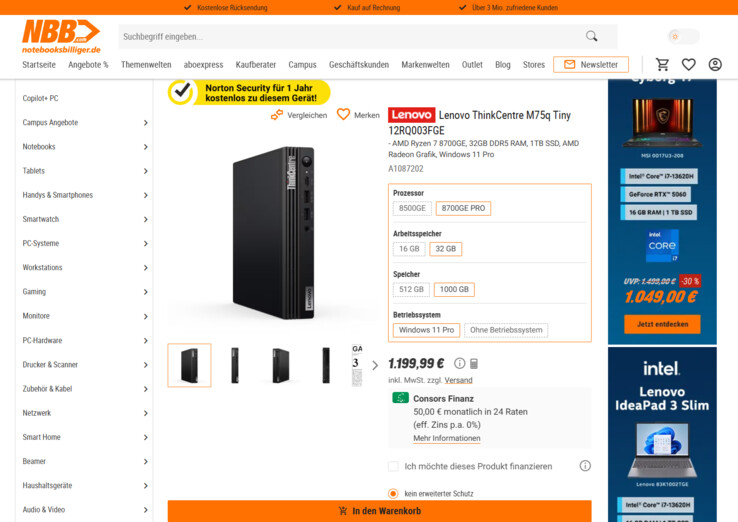 Lenovo ThinkCentre M75q Gen 5 Tiny 12RQ003FGE für 1.099,99 Euro.