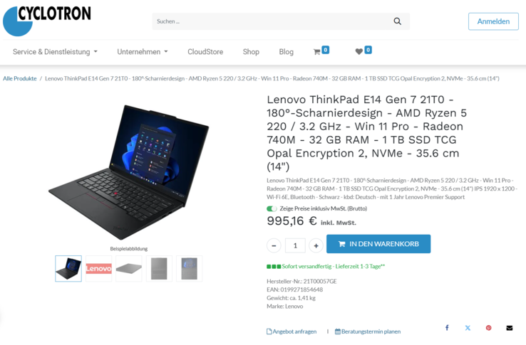 Lenovo ThinkPad E14 Gen 7 21T00057GE für 995,16 Euro.