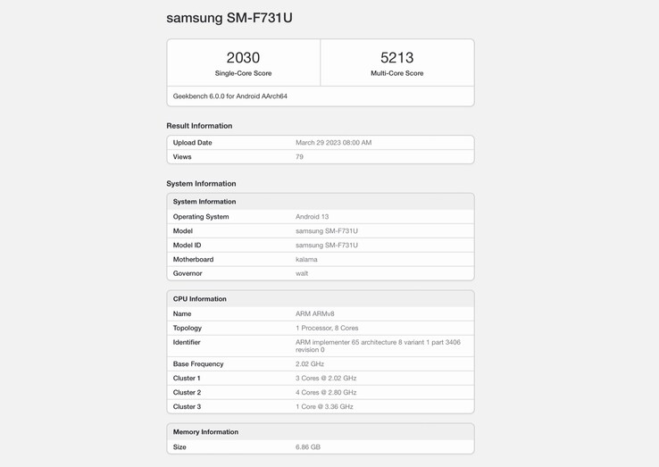 Samsung Galaxy Z Flip5 (SM-F731U) bei Geekbench 6