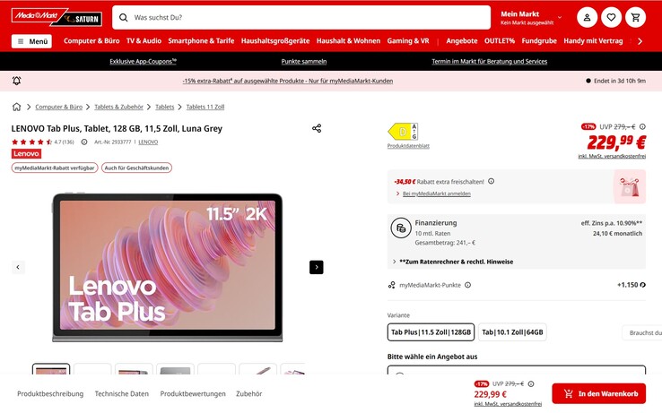 Das Lenovo Tab Plus wäre mittels eines Rabatts von 15 Prozent bereits für 195,49 Euro zu haben. 
