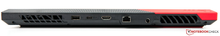 Hinten: Lüftungsschlitze, 1x USB-A 3.0, USB-C 3.1 mit DisplayPort und Power Delivery, HDMI 2.0b, GBit-LAN, Netzanschluss, Lüftungsschlitze