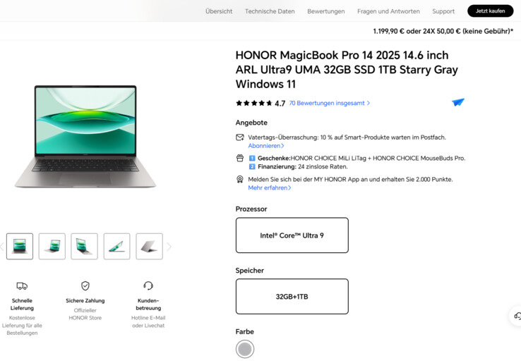 Das Honor MagicBook Pro 14 ist dank eines Rabattcodes bereits für 1.079,91 Euro zu bekommen.