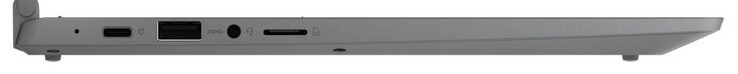 Linke Seite: USB 3.2 Gen 1 (Typ C; Displayport, Power Delivery), USB 3.2 Gen 1 (Typ A), Audiokombo, Speicherkartenleser (MicroSD)