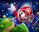 3D-Mario fliegt in einer Super Mario Galaxy-Themenkulisse