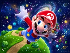 3D-Mario fliegt in einer Super Mario Galaxy-Themenkulisse