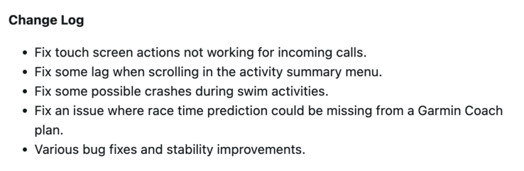 Changelog der Software Version 27.09 für andere Garmin Forerunner Smartwatches. (Bildquelle: Garmin)