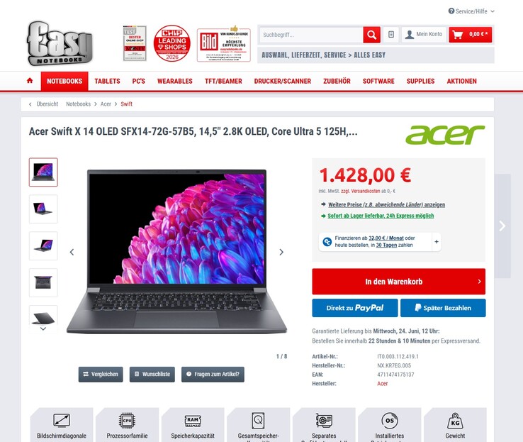 Acer Swift X 14 OLED SFX14-72G-57B5 für 1.428 Euro.