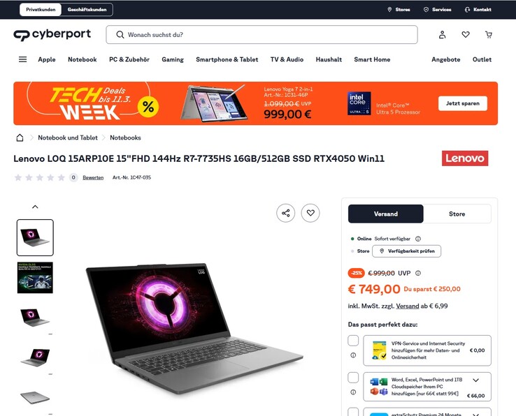 Lenovo LOQ 15ARP10E (83S00018GE) für 749 Euro.