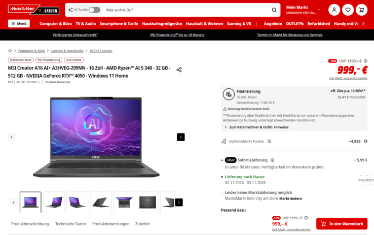 MSI Creator A16 AI+ A3HVEG-299NN bzw. MSI Stealth A16 AI+ A3HVEG-299NN für 999 Euro.