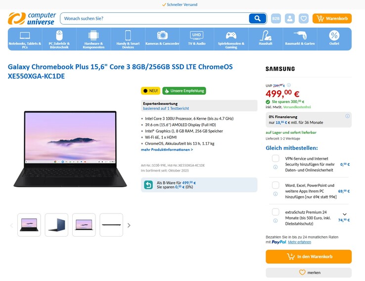 Samsung Galaxy Chromebook Plus XE550XGA-KC1DE für 499 Euro. Entgegen den Angaben in der Produktschreibung auf der Computeruniverse-Webseite hat das Notebook kein LTE-Modem an Bord.