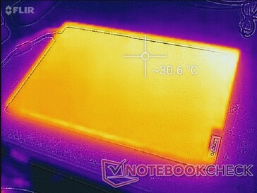 Lenovo IdeaPad S740 15. Die Oberfläche des Deckels erreicht bei einer Umgebungstemperatur von 19 °C fast 31 °C