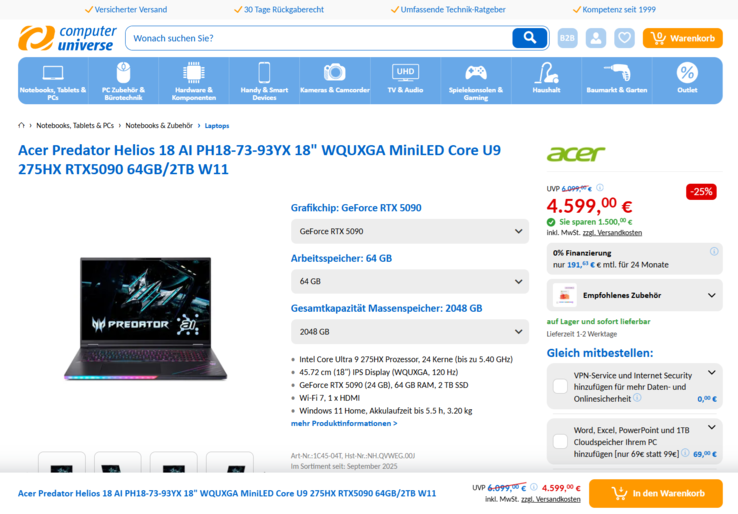 Acer Predator Helios 18 AI PH18-73-995H für 4.599 Euro.