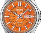 Nahaufnahme der orangefarbenen Casio MTP-E740-4AV mit transparentem Zifferblatt, das den Blick auf die Datumsanzeige und die darunterliegenden Anzeigeräder freigibt