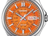 Nahaufnahme der orangefarbenen Casio MTP-E740-4AV mit transparentem Zifferblatt, das den Blick auf die Datumsanzeige und die darunterliegenden Anzeigeräder freigibt