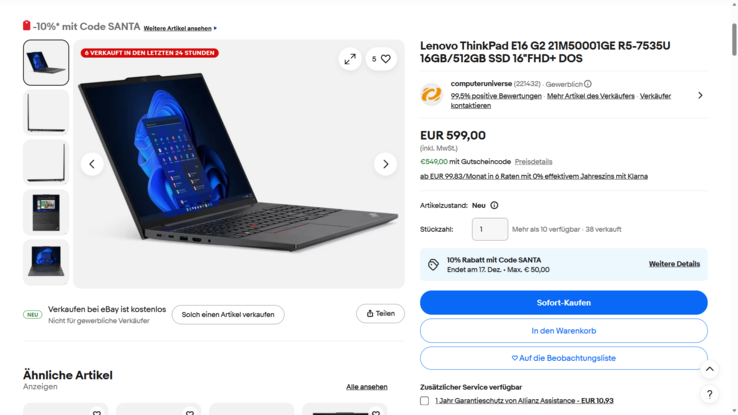 Der Rabattcode senkt den Preis des Lenovo ThinkPad E16 G2 (21M50001GE) auf 549 Euro.